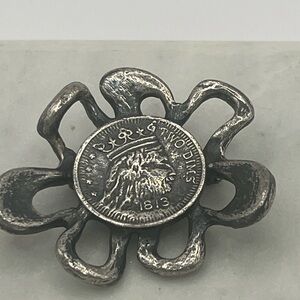 1813 TWO DIMS Vintage Flower Like Design Coin Brooch Pin - Marked "Jeanne ©"